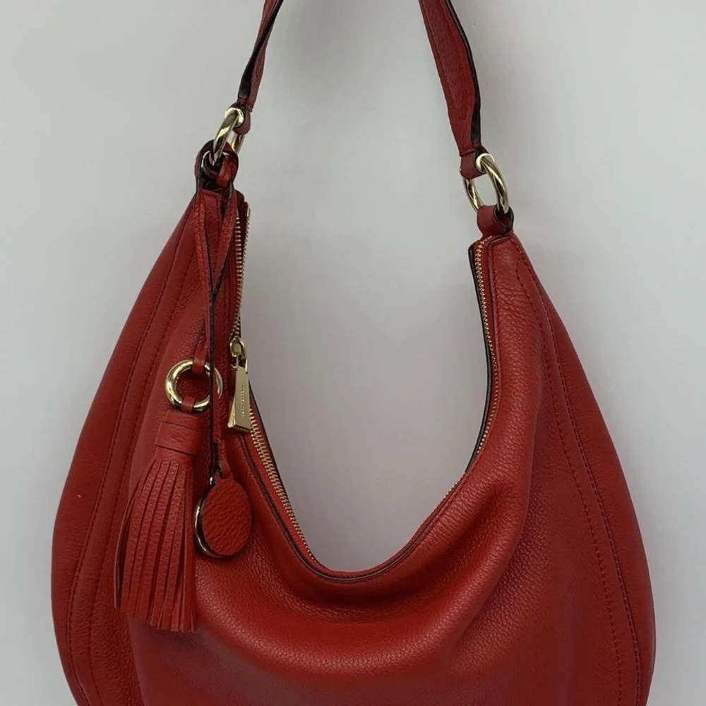 Michael Kors Lydia Large Red Pebbled Leather Hobo Shoulder Bag Tassel